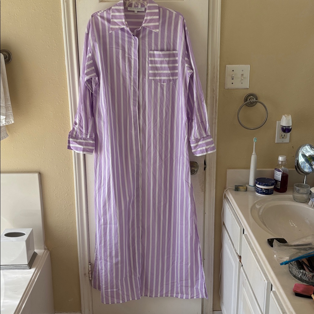 Curaae Jasmine 100% Cotton Purple And White Striped Shirt Dress. Nwot